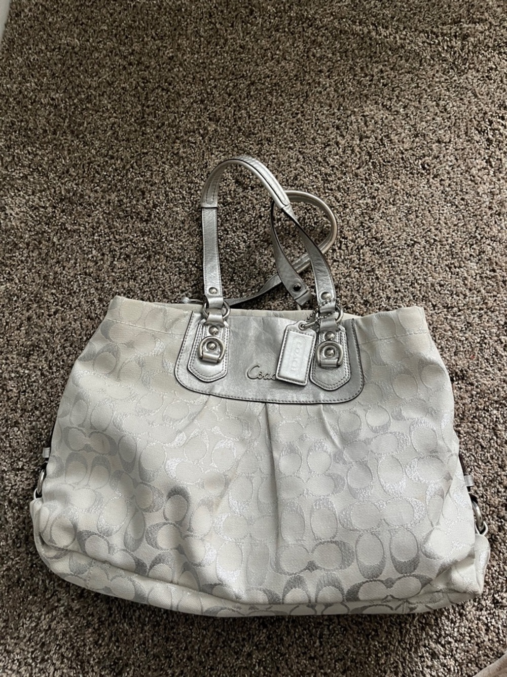 Coach Metallic Silver/Ivory Signature Satchel
